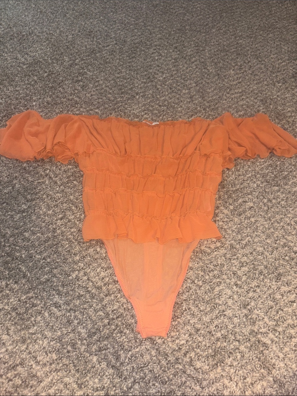 Orange Ruffled Off-Shoulder Bodysuit